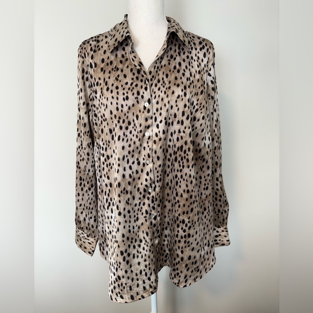 Laura Plus Animal Print Satin Button Up Blouse 1X - Picture 3 of 15